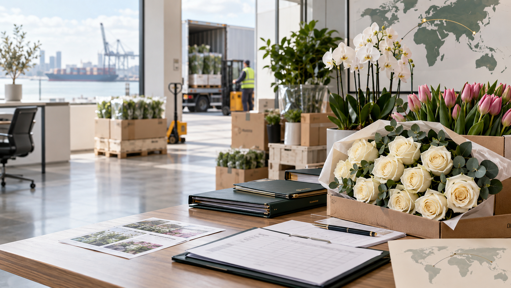 Wholesale flowers, trade documents, and logistics preparation